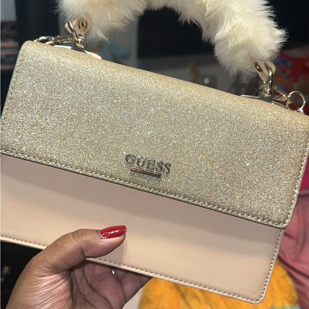 GUESS Gold Glitter Crossbody with Fur Handle